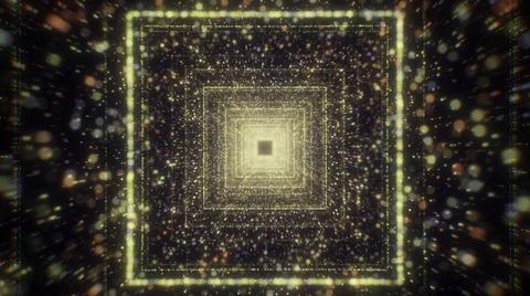 Yellow square frames of shining blurred particles flying towards the screen Illustrazione stock