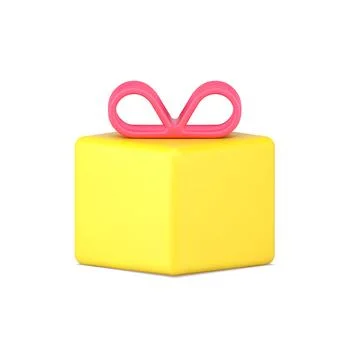 Yellow square gift with pink bow 3d icon. Holiday surprise in gold box 스톡 일러스트