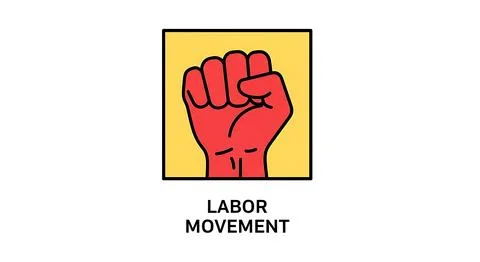 Yellow square icon with red raised fist illustration representing labor mov.. Illustrazione stock