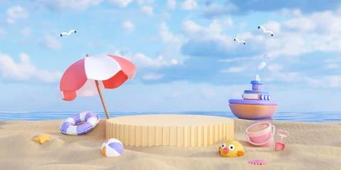 Yellow stage podium empty with summer beach background and beach accessory Stock Illustration