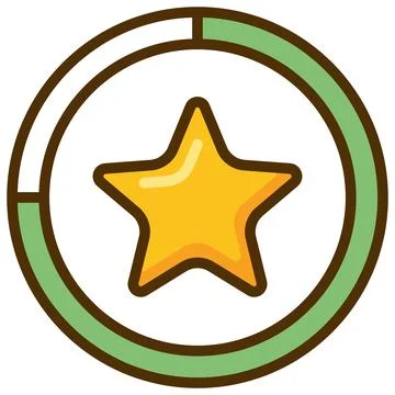 Yellow star in green circular progress bar flat icon with thick outline. 库存插图