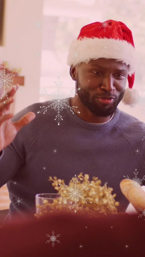 Yellow star icons falling against african american man talking while having Stock Footage 342098067