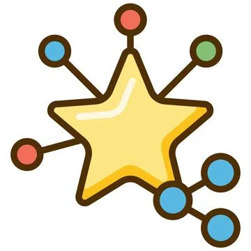 Yellow star network connection flat icon with colorful dots. Stock Illustration