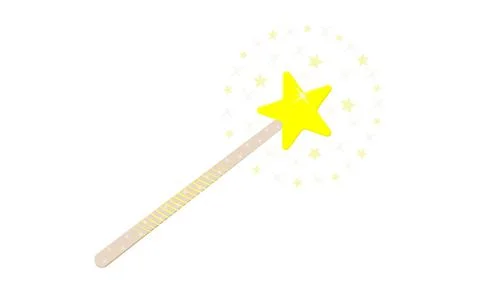 A yellow star-shaped magic wand radiates stars and sparkles. The wand is bei Illustrazione stock
