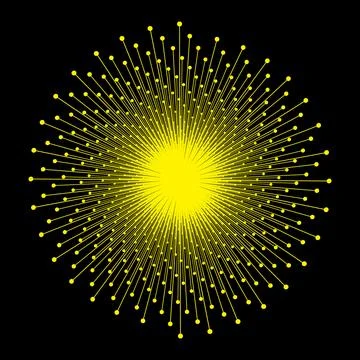 Yellow Starburst or Firework Pattern with Thin Lines and Small Dots on a Bla Stock Illustration