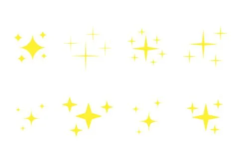 Yellow stars icons set. Golden glowing fireworks symbols collection. Bright s Stock Illustration