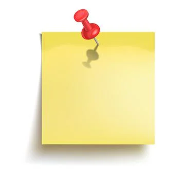 Yellow sticker attached red pushbutton over white background. Memo note イラスト素材