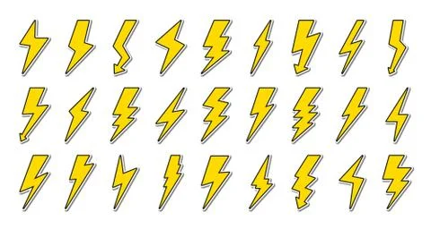 Yellow sticker lightning icon flash art vector set Stock Illustration