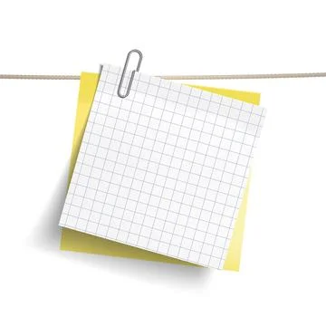 Yellow sticky note and chequered sheet of paper attached metal paper clip Stock Illustration