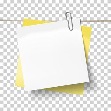Yellow sticky note and white sheet of paper attached metal paper clip on tape Stock Illustration