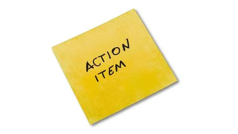 Yellow sticky note reading action item concept Stock Photos