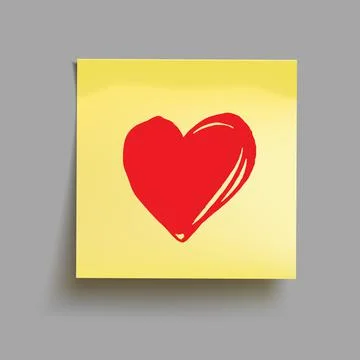 Yellow sticky note with red hand drawn heart. Vector illustration Stock Illustration