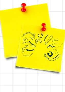 Yellow sticky notes with blue arrow doodles against white graph paper Stock Photos