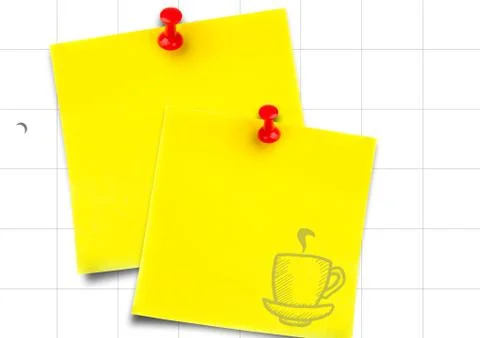 Yellow sticky notes with coffee doodle against white graph paper Stock Photos