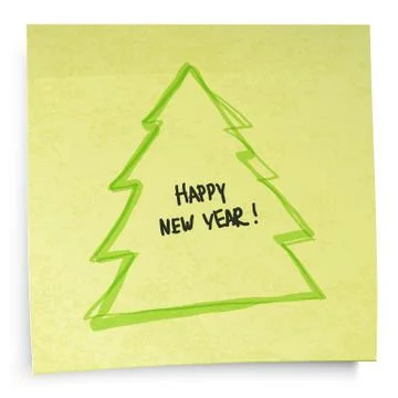 Yellow sticky notes with new year tree. vector illustration, eps10. 스톡 일러스트