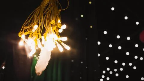 Yellow String Lights with Warm Glow, Festive Nighttime Illumination Stock Photos