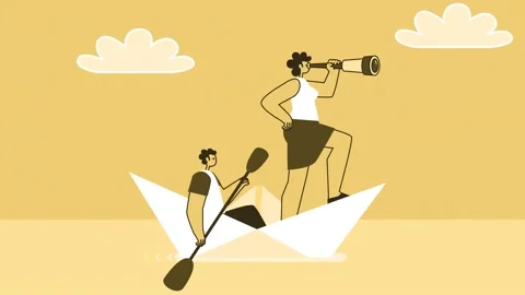 Yellow Style Flat Characters Rower Oarsman and Woman Captain Floats on Paper Stock-Footage 194774435