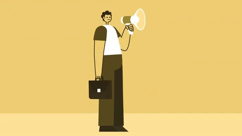 Yellow Style Man with Briefcase Flat Character Speaking into Loudspeaker 스톡 동영상 192359272