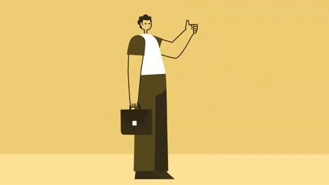Yellow Style Man with Briefcase Flat Character Thumbs Up Gesture. Isolated Loop Stock Footage 193658935