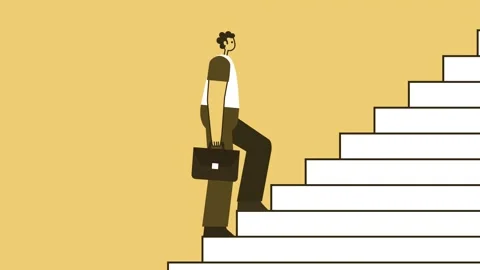 Yellow Style Man with Briefcase Flat Character Climbs Stairs Walking Cycle Stock-Footage 193664717