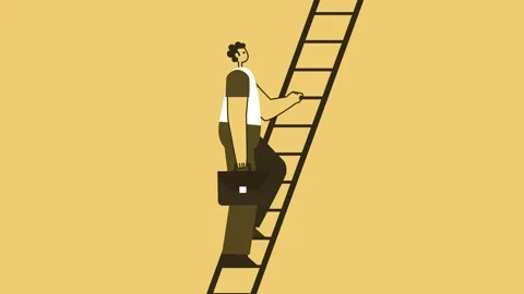 Yellow Style Man with Briefcase Flat Character Climbing Up the Ladder. Isolated 스톡 동영상 194418632