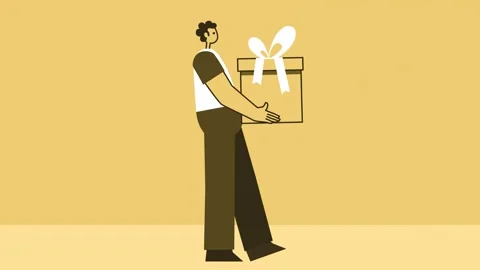 Yellow Style Man Flat Character Carries Gift Box. Isolated Loop Animation 스톡 동영상 169813623