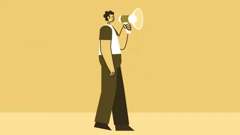 Yellow Style Man Flat Character Walking and Speaking into Loudspeaker. Isolated Stock Footage 170306487