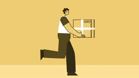 Yellow Style Man Flat Character Delivery Running and Carries Cardboard Box Vídeo Stock 185679853