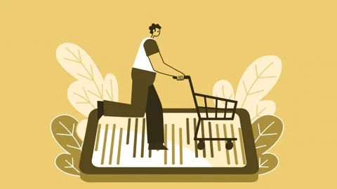 Yellow Style Man Flat Character Ranning on Smartphone with Shopping Cart 스톡 동영상 185688026