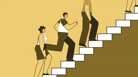 Yellow Style Man Flat Character Run Up the Stairs and Overtake Crowd of People Stockbeeldmateriaal 186921018