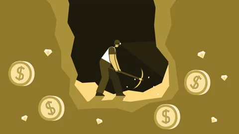 Yellow Style Man Flat Character Mining US Dollars and Coins Cent in Cave Stock-Footage 186985838