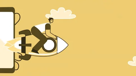 Yellow Style Man Flat Character on Rocket Flies Out of Smartphone. Isolated Loop Video stock 187005099