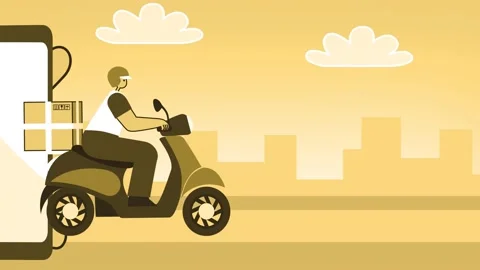 Yellow Style Man Flat Character Delivery Scooter Riding of Smartphone. Isolated 스톡 동영상 187008292
