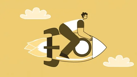 Yellow Style Man Flat Character Flies Forward Sitting on Rocket. Isolated Loop Vídeo Stock 190467829