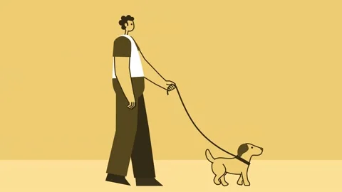 Yellow Style Man Flat Character Walking with Pet Dog. Isolated Loop Animation Stock Footage 192360245