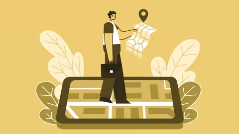 Yellow Style Man Flat Character Walking on Smartphone with GPS Map. Isolated 스톡 동영상 193731409