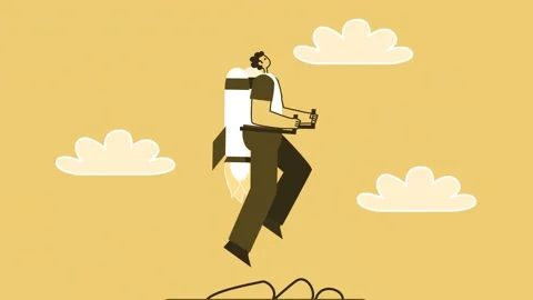 Yellow Style Man Flat Character Flies Up Out of Smartphone with Jetpack Backpack 스톡 동영상 194419389