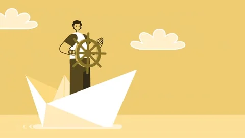Yellow Style Man Flat Character Floats on Paper Boat. Isolated Loop Animation Video stock 194772218