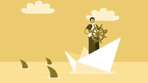 Yellow Style Man Flat Character Sailing Away from Sharks on Paper Boat. Isolated Stock-Footage 194772699