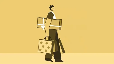 Yellow Style Man Flat Character Walking with Shopping Bags in Hand. Isolated Video stock 194777173
