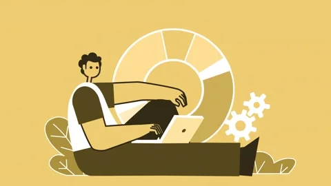 Yellow Style Man Flat Character Working Sitting with Laptop. Isolated Animation Stock-Footage 194779425