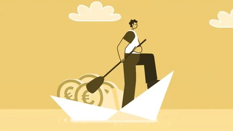 Yellow Style Man Flat Character Sailing on Paper Ship with Euro Coins. Isolated Stock Footage 194781087