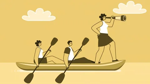 Yellow Style People Flat Characters with Female Captain Sailing on Kayak Boat Stock-Footage 194774787