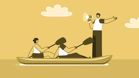 Yellow Style People Flat Characters with Man Captain with Megaphone Sailing Stock Footage 194781038