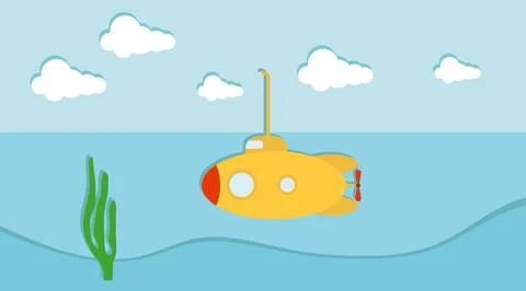 Yellow submarine vector illustration flat underwater sea landscape with sea. Stock Illustration