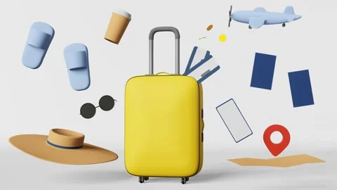 Yellow suitcase airplane tickets map passport slippers 3d animation loop 4K Stock Footage 234916891