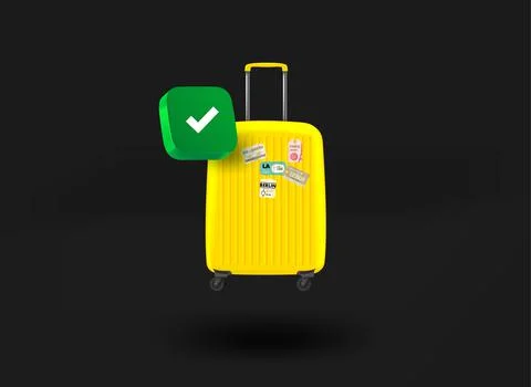Yellow suitcase with checkmark icon. 3d vector illustration Stock Illustration