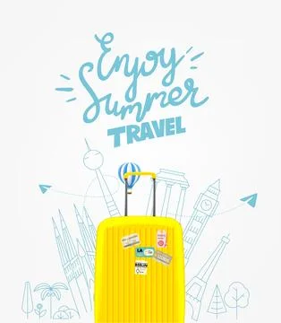 Yellow suitcase with different travel elements vector illustration. Enjoy s.. Stock-Illustration