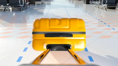 Yellow suitcase is wheeled or pulled at an airport on a white clean floor. Loop Stock Footage 201222651