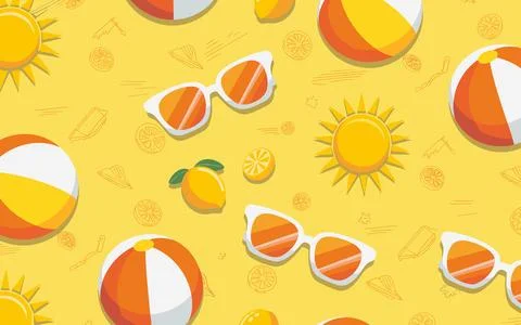Yellow Summer Beach Pattern with Sunglasses and Beach Balls Stock Illustration